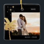 Bohemian Beach Palm Tree Photo Ceramic Ornament<br><div class="desc">Bohemian beach palm tree and stars,  holiday photo ornament in faux gold foil and black.</div>