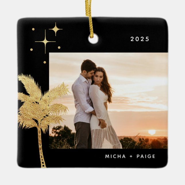 Bohemian Beach Palm Tree Photo Ceramic Ornament (Front)