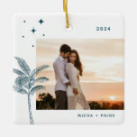 Bohemian Beach Palm Tree Photo Ceramic Ornament<br><div class="desc">Bohemian beach palm tree and stars,  holiday photo ornament in rustic teal green.</div>