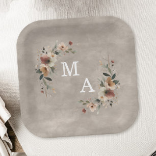 Bohemian Beige Floral Wreath Wedding Monogram Paper Plates