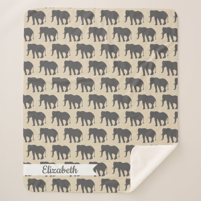 Bohemian Beige & Gray Elephants & Name in Script Sherpa Blanket (Front)