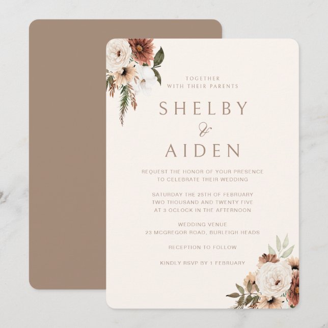 Bohemian Beige Minimalist Neutral Wedding  Invitation (Front/Back)