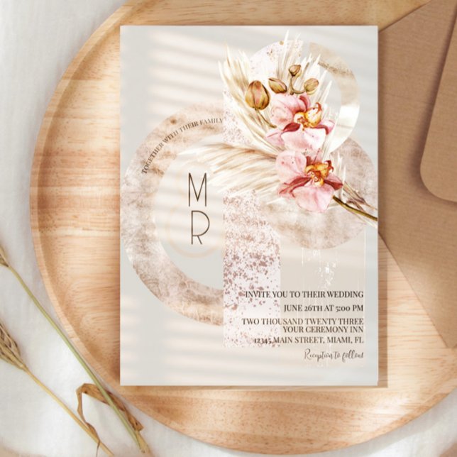 Bohemian Beige Pink Monogram Pampas Wedding  B Invitation (Creator Uploaded)