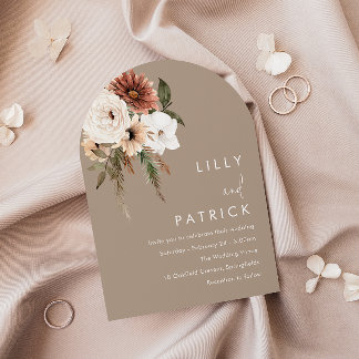 Bohemian Beige & White Floral Arch Wedding Invitation
