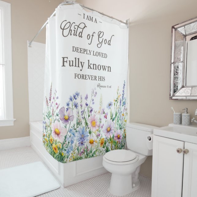 Bohemian Bible Verse Floral Shower Curtain (In Situ)