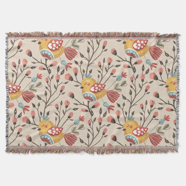 Bohemian Birds & Flowers Pattern – Nature-Inspired Throw Blanket (Front)