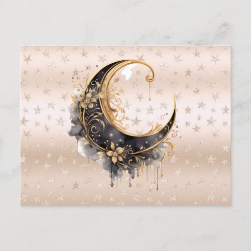 Bohemian Black and Gold Crescent Moon Halloween Holiday Postcard