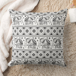 Bohemian Black and White Elephant Pattern Throw Pillow