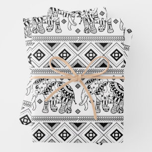 Bohemian Black and White Elephant Pattern Wrapping Paper Sheets