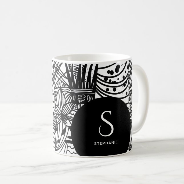 Bohemian Black and White Monnogrammed Coffee Mug (Front Right)