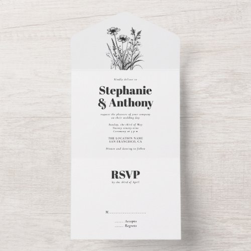 Bohemian Black and White Wild Flowers Wedding All In One Invitation