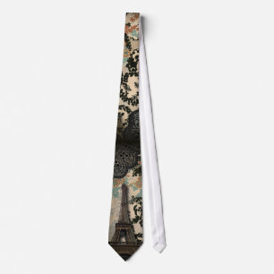 bohemian black floral vintage paris eiffel tower neck tie