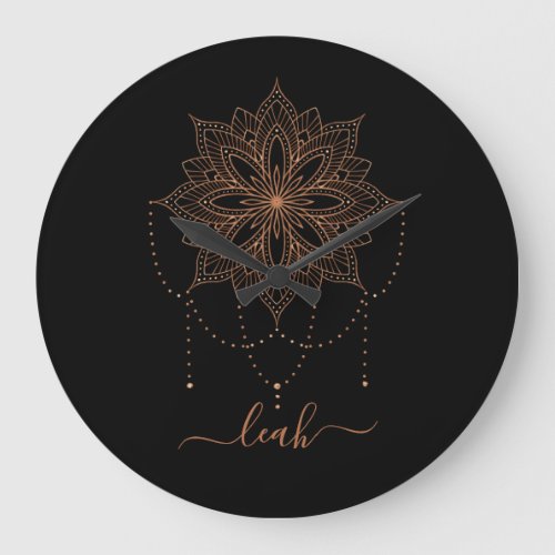 Bohemian Black Rose Gold Mandala Name Large Clock