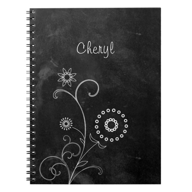Bohemian Blackboard Cute White Flowers With Name Notebook (Front)