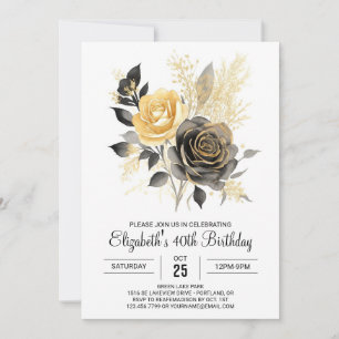 Bohemian Bloom Gold and Black 30th Birthday Invitation