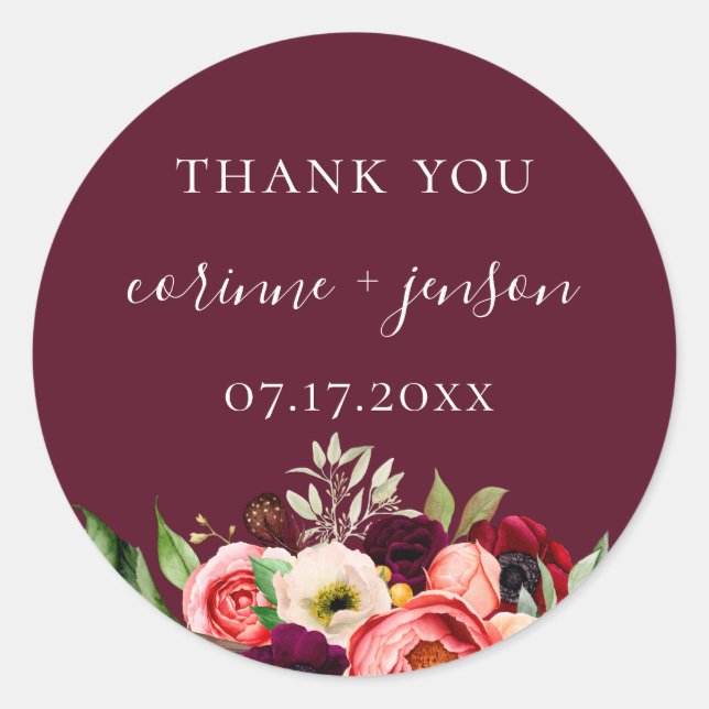 Bohemian Blooms Burgundy Wedding Favor Classic Round Sticker (Front)