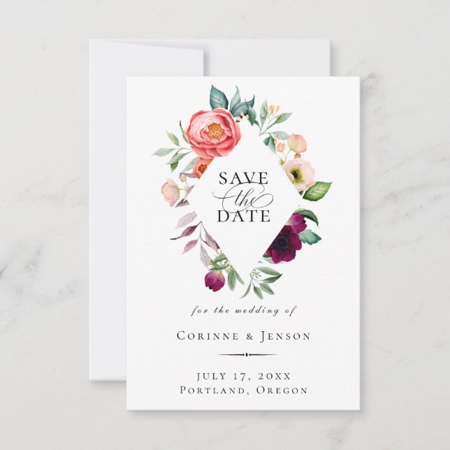 Bohemian Blooms Diamond Frame Save The Date Announcement (Front)