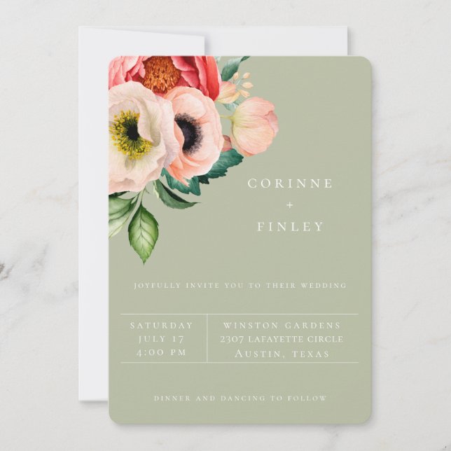 Bohemian Blooms Dusty Olive Wedding Invitation (Front)