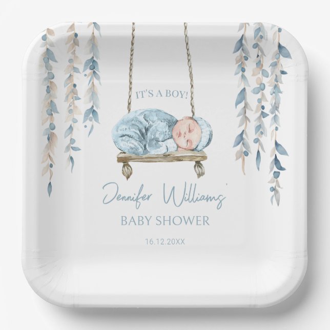 Bohemian blue baby boy shower paper plates (Front)
