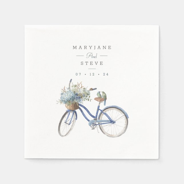 Bohemian Blue Bicycle Watercolor Wedding Napkins (Front)