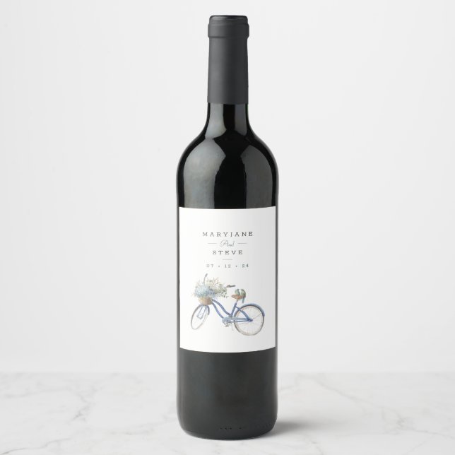 Bohemian Blue Bicycle Watercolor Wedding Wine Labe Label (Front)