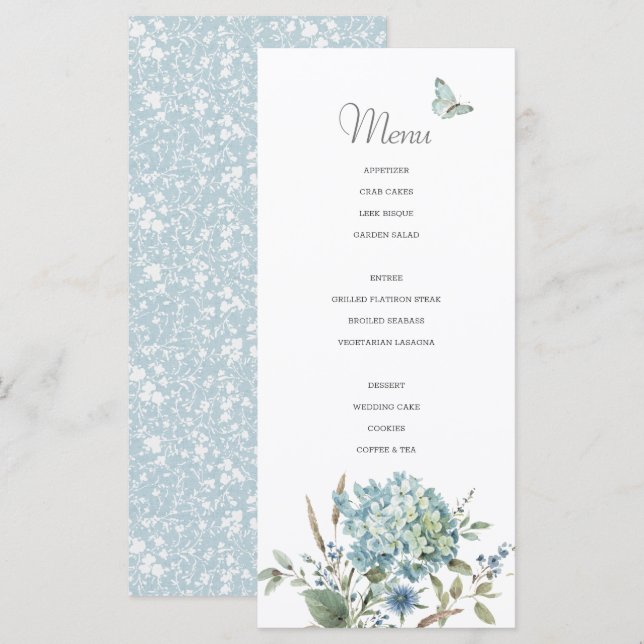Bohemian Blue Botanical Watercolor Wedding Menu (Front/Back)