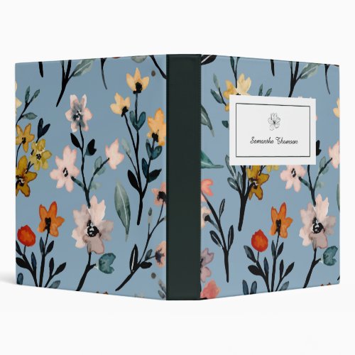 Bohemian Blue Elegant Watercolor Floral Custom 3 Ring Binder