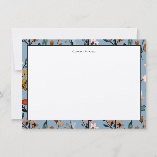 Bohemian Blue Elegant Watercolor Floral Note Card (Front)