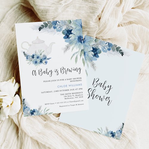 Bohemian Blue Floral Baby is Brewing Baby Shower  Invitation