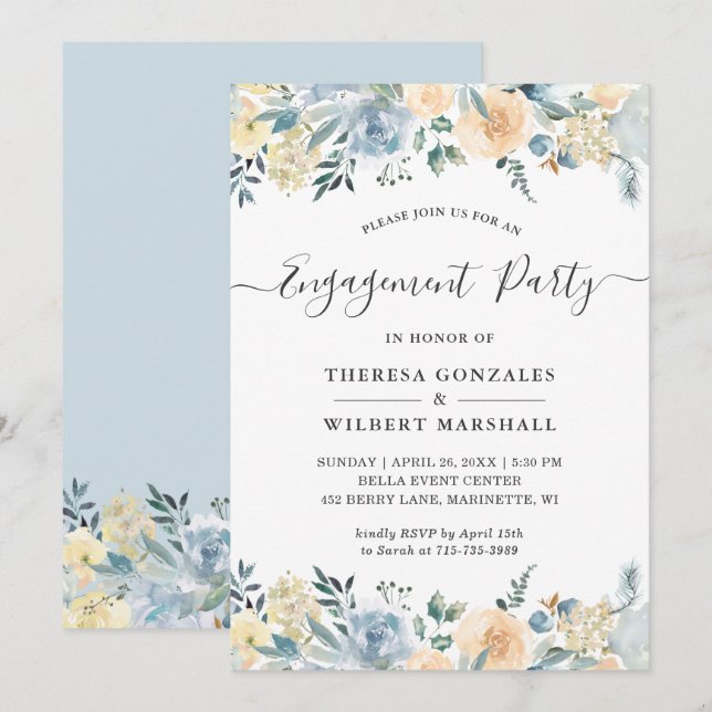 Bohemian Blue Floral Engagement Invitation (Front/Back)
