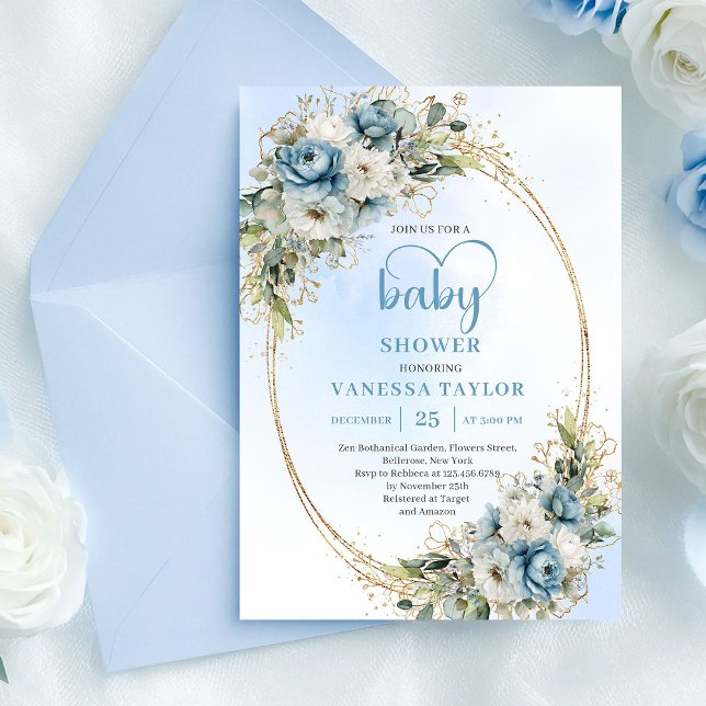 Bohemian Blue Floral Eucalyptus Gold Baby Shower  Invitation (Bohemian Blue Floral Eucalyptus Gold Baby Shower Card)