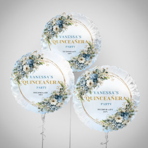 Bohemian blue floral eucalyptus gold quinceañera  balloon