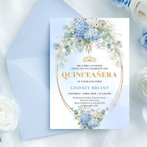 Bohemian Blue Floral Eucalyptus Quinceañera Invite