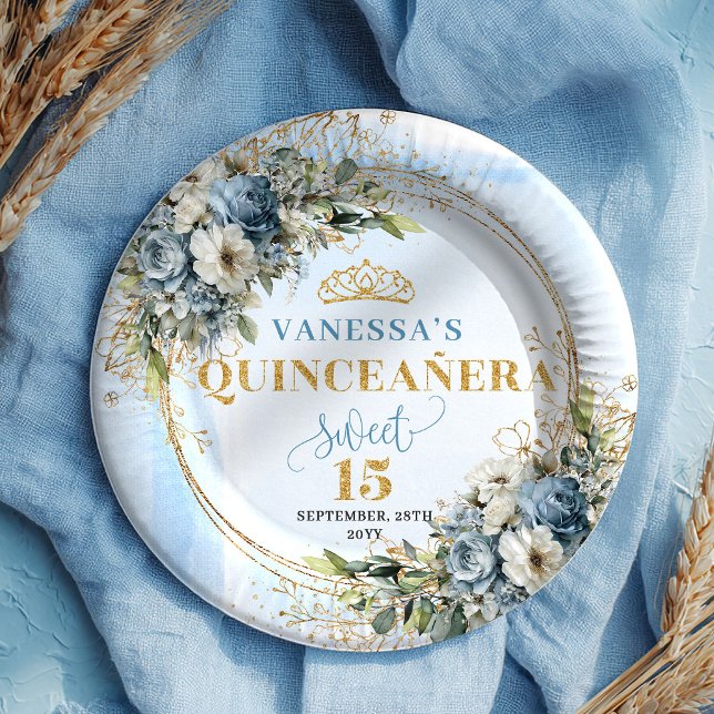 Bohemian Blue Floral Gold Custom Name Quince Plate (Bohemian Blue Floral Gold Custom Name Quince Plates)