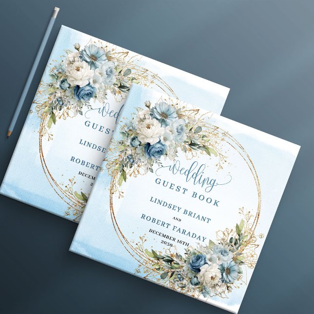 Bohemian Blue Floral Gold Glitter Guest Book (Bohemian Blue Floral Gold Glitter Guest Book)