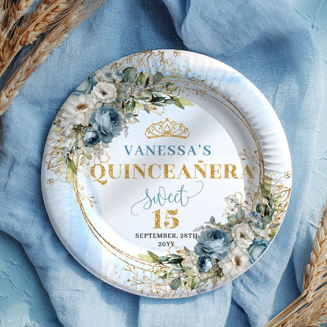 Bohemian Blue Floral Gold Personalized Quinceañera Paper Plates (Bohemian Blue Floral Gold Personalized Quinceañera)