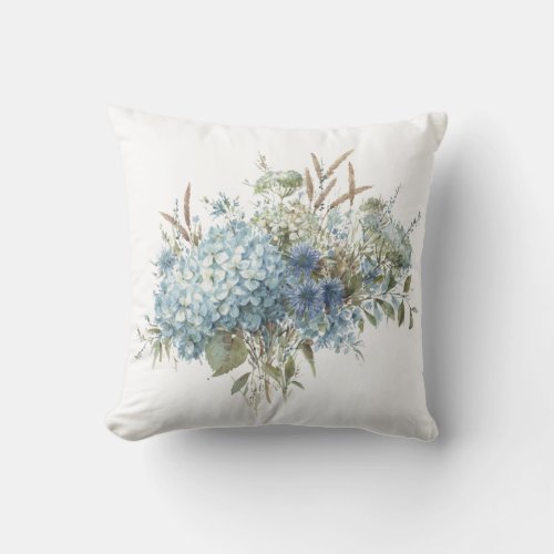 Bohemian Blue Floral Watercolor Bouquet Throw Pillow