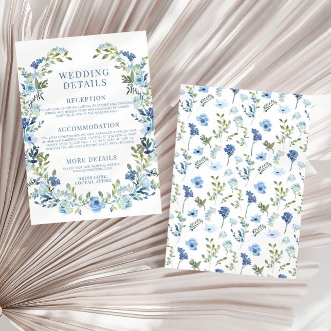 Bohemian blue floral wreath rustic wedding details enclosure card (Creator Uploaded)