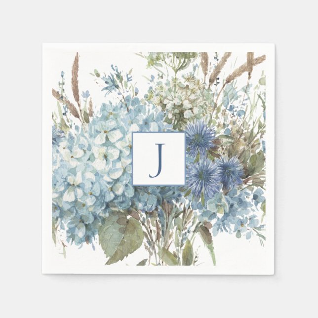 Bohemian Blue Flower Watercolor Bouquet Napkins (Front)