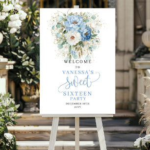Bohemian Blue Flowers Gold 16th Birthday Welcome Poster