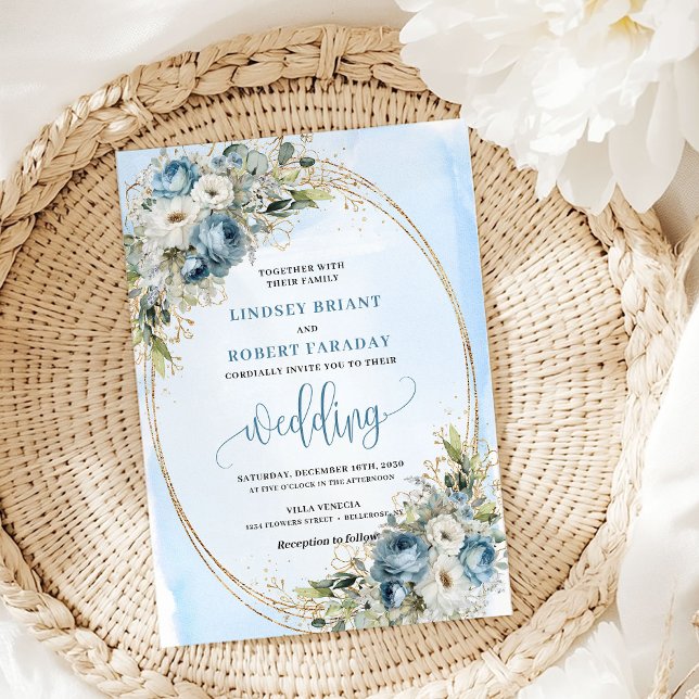 Bohemian Blue Flowers Greenery Gold Wedding Invite (Bohemian Blue Flowers Greenery Gold Wedding Invitation)