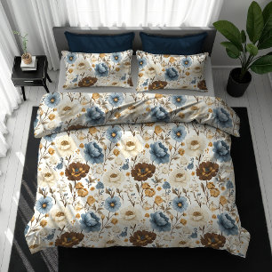 Bohemian Blue Flowers Opulent Brown Floral Duvet Cover