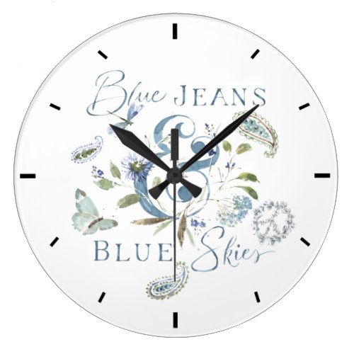 Bohemian Blue Green Floral Watercolor Quote Large Clock