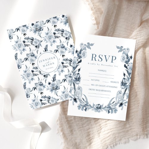 Bohemian Blue Grey Floral Wedding RSVP cards