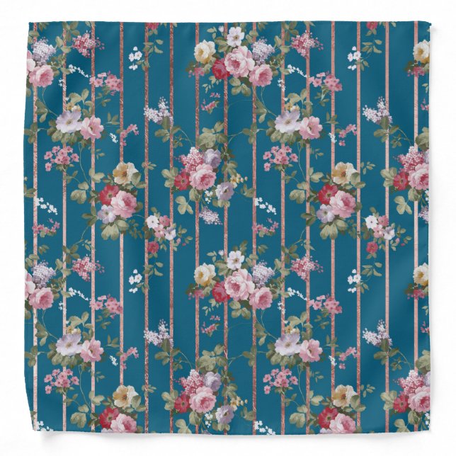 Bohemian blue pink red floral modern stripes bandana (Front)