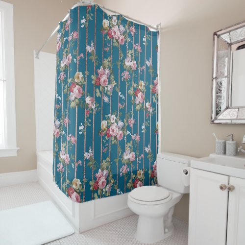 Bohemian blue pink red floral modern stripes shower curtain