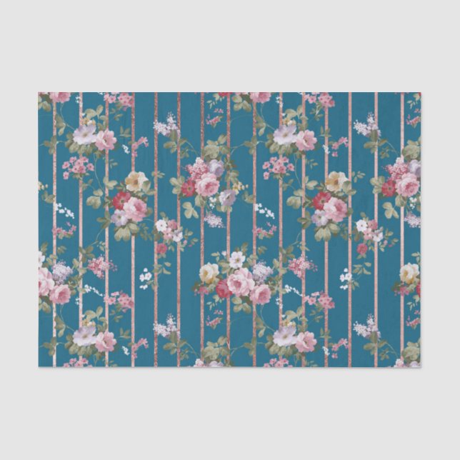 Bohemian blue pink red floral modern stripes tissue paper (Front)