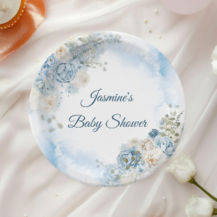Bohemian Blue Rose Baby Shower Paper Plates