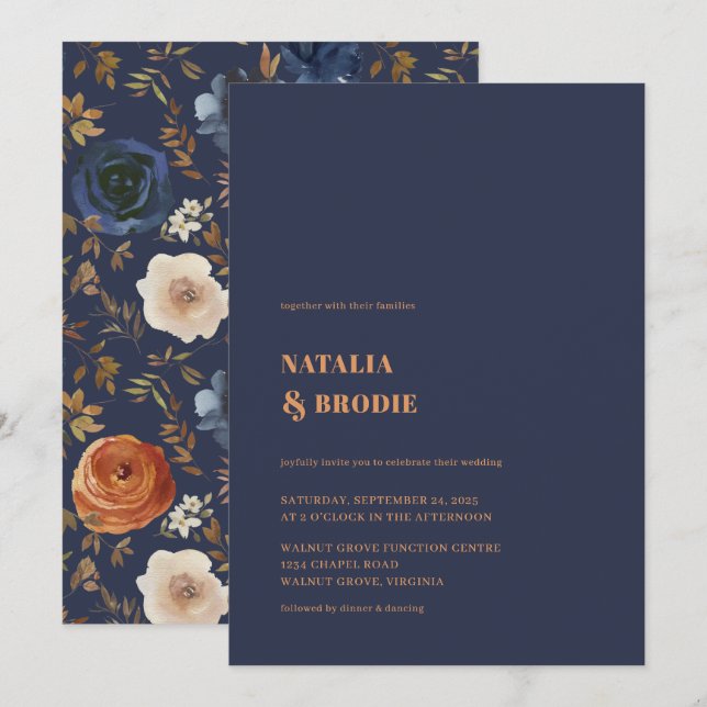 Bohemian Blue Rust Floral Wedding Invitation (Front/Back)