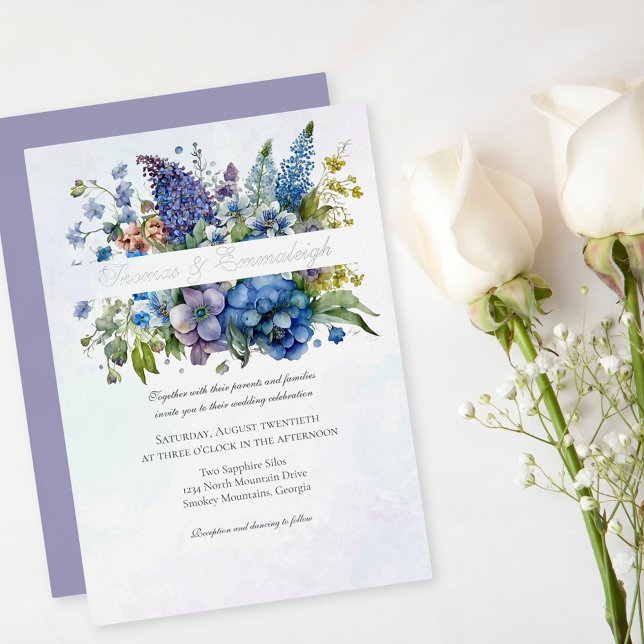 Bohemian Blue-Violet Watercolor Florals Wedding Foil Invitation (Creator Uploaded)